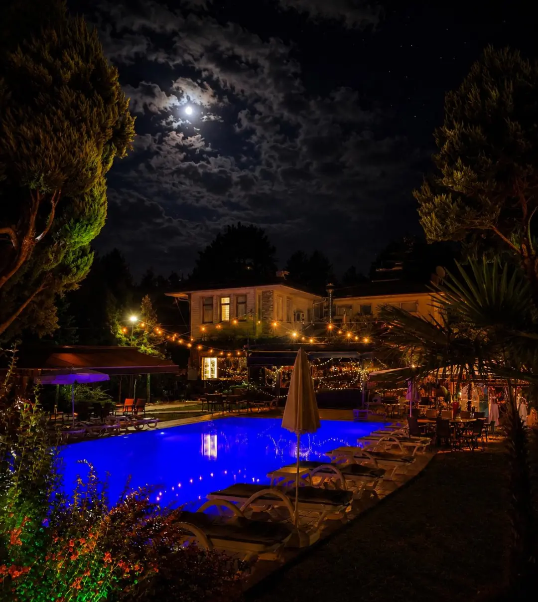 Villa Park havuz ve bahçe akşam